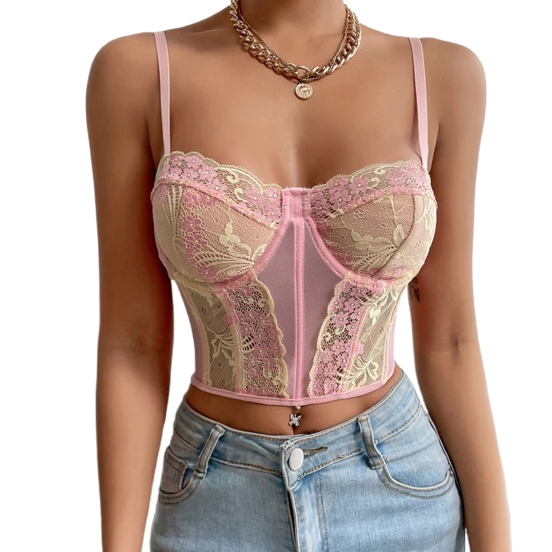 

Summer Beautiful Back Camisole Spaghetti Straps Halter Lace Bustier Cropped Tops Sleeveless Tops Halter Cut Out Tops