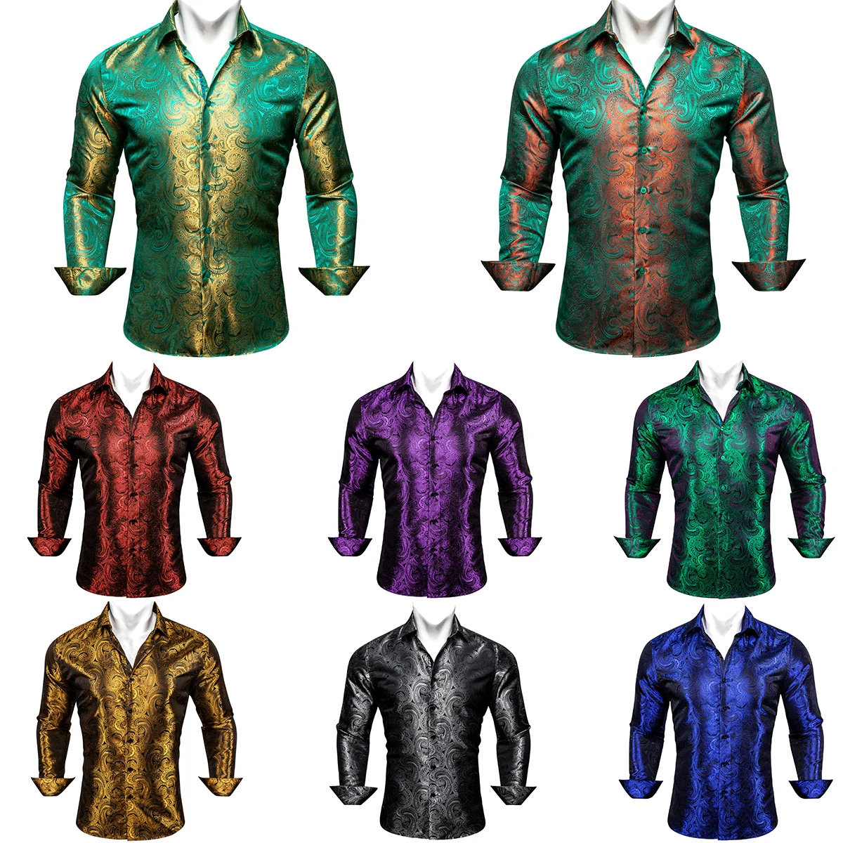 Luxury Silk Men Shirts Red Blue Green Purple Gold Black Regular Slim Fit Embroidered Printed Paisley Casual Long Sleeve Blouse