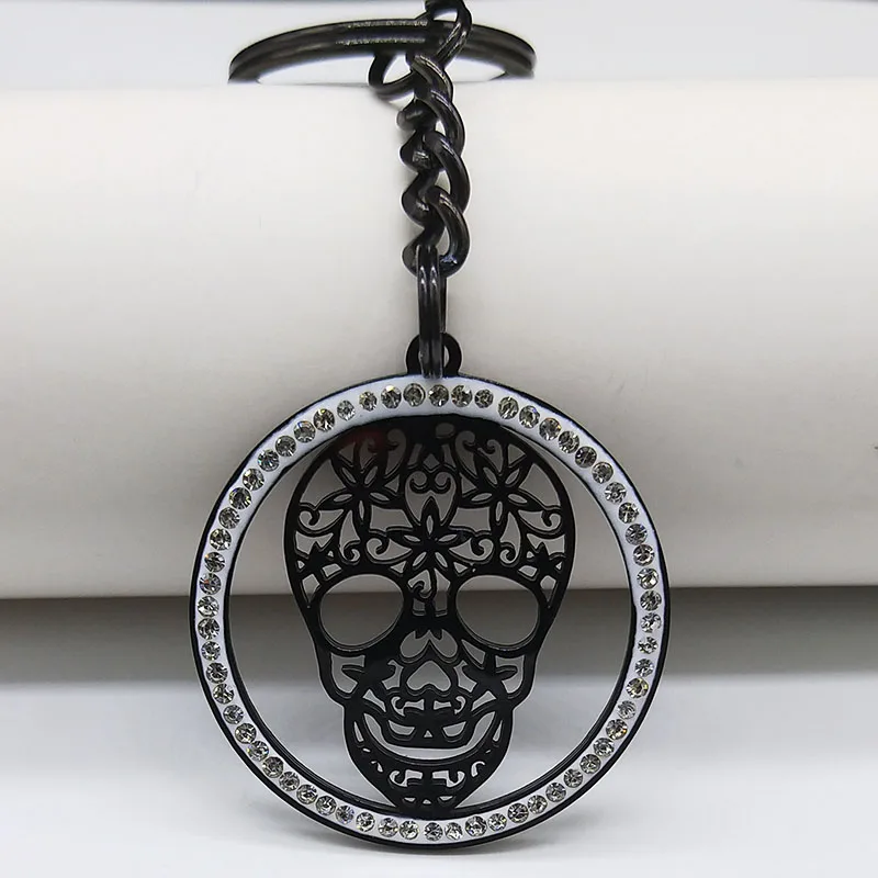 

Skull Crystal Stainless Steel Car key Chain for Women Black Color Keyring Jewelry acero inoxidable joyeria mujer K77630BS07