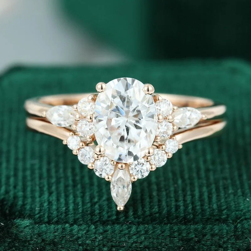 

2 oval mosan Stone Engagement Ring Set Vintage unique rose gold engagement ring