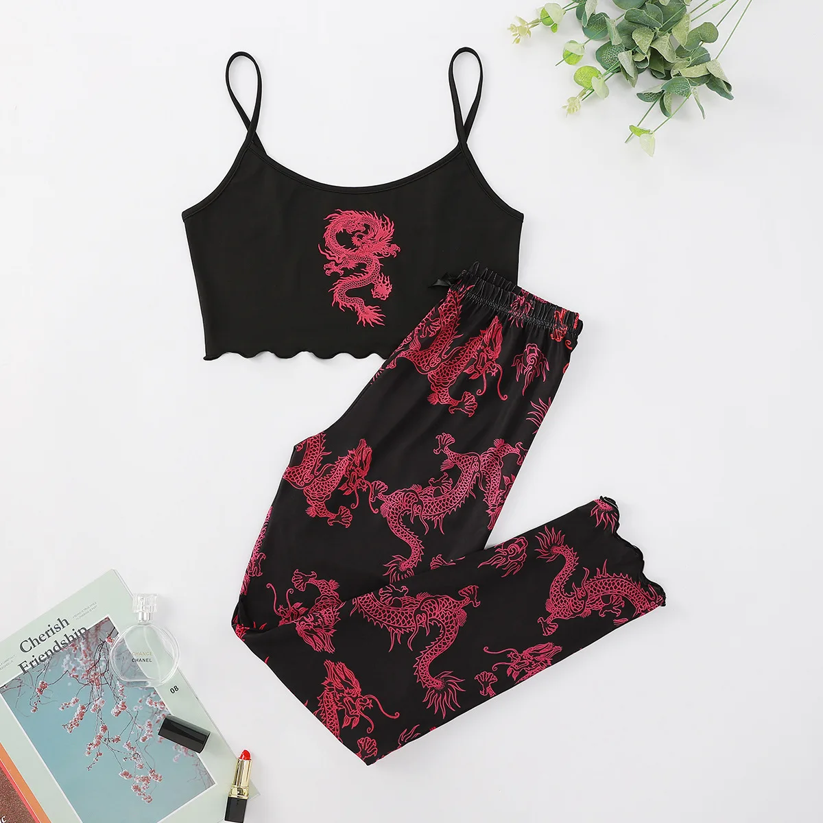 Chinese Dragon Print Lettuce Trim Cami Pajama Set Short Style Pajamas Set Fashion Sexy Home Women's Underwear Pajamas Set