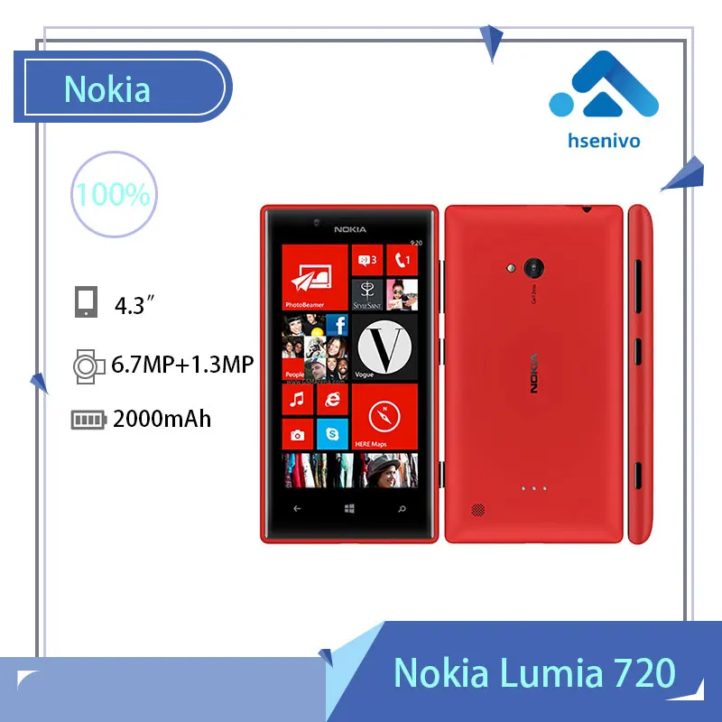 

Nokia Lumia 720 refurbished-Original Unlocked Lumia 720 Windows Phone 8 Dual-core 1.0 GHz Camera 6.7MP ROM 8GB 4.3" IPS 3G Phone