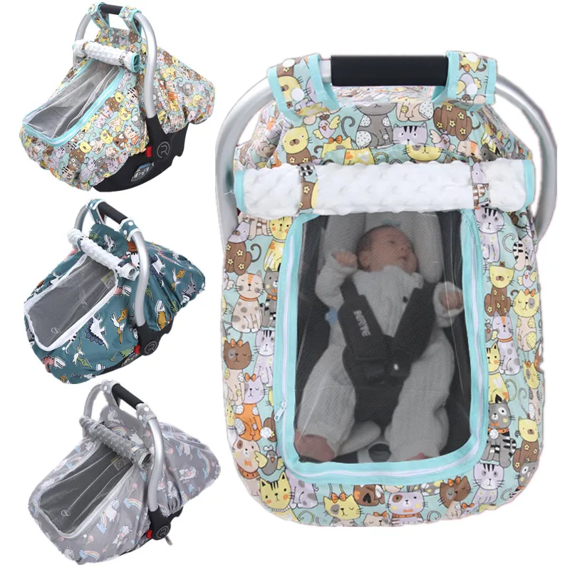 Baby Car Seat Cover with Peep Window and Breathable Mesh Infant Carseat Canopy Windproof Stroller Carrier Covers for Newborns