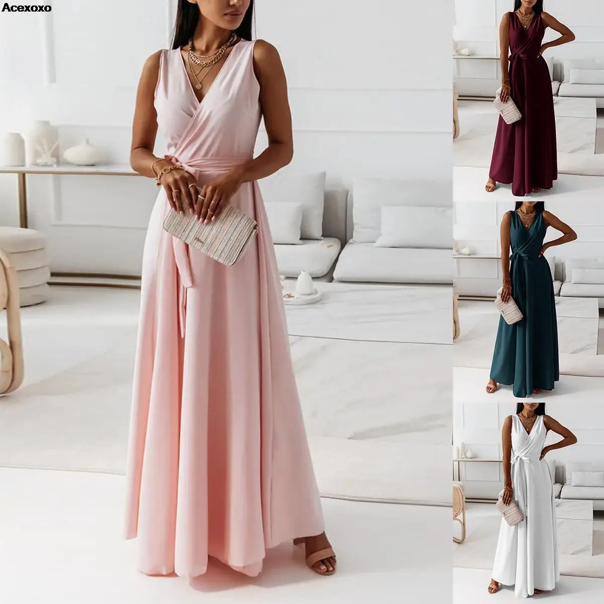 

New 2023 summer wear a solid color V-neck dress
