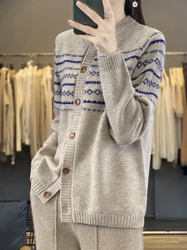 Осенний жаккардовый кардиган в стиле ретро из 00% флиса женский свободный с