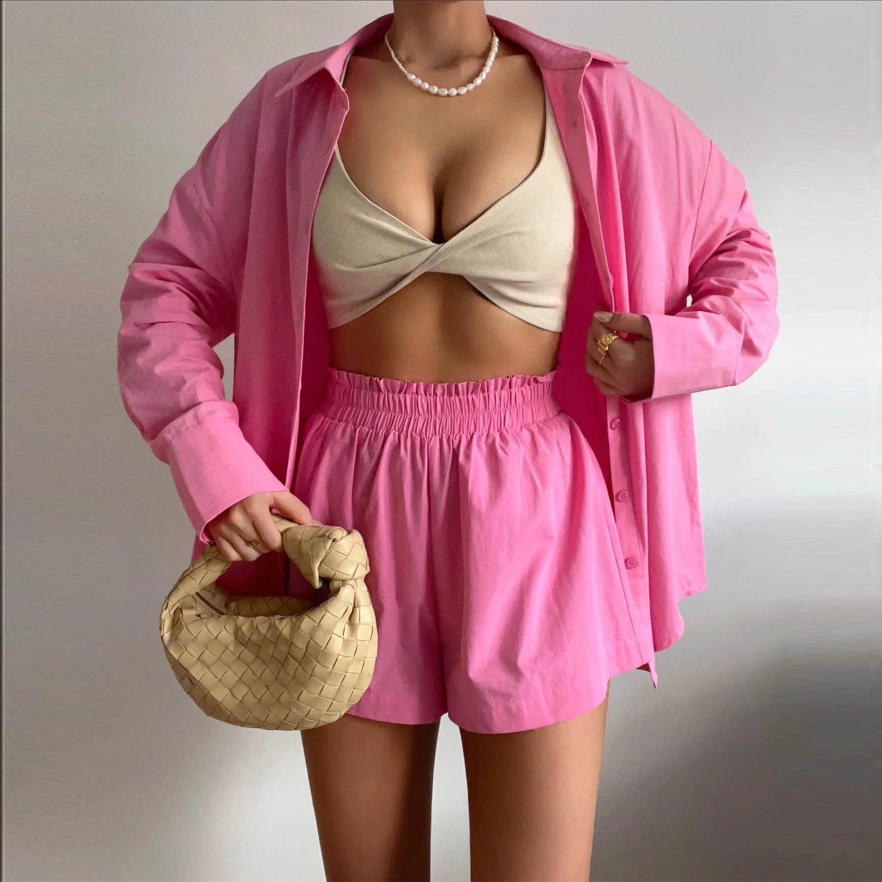 

Spring Summer Two-piece Solid Color Single Breasted Lapel Shirt Shorts Loose Fashion Casual Suit 2 Piece Sets Womens Outfits