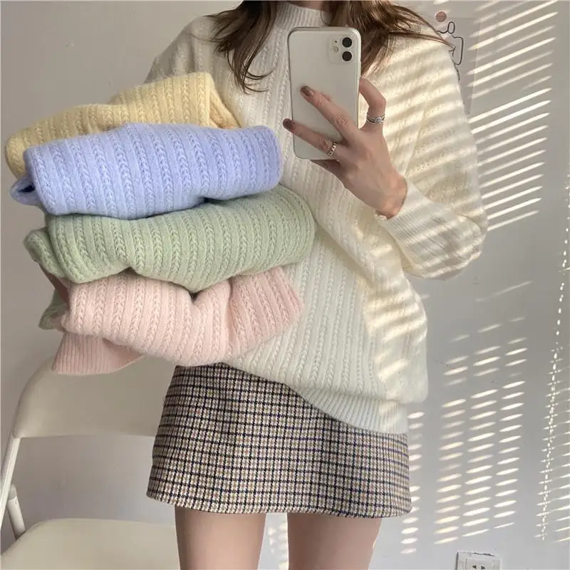 

2022 New Winter Long Sleeve Baggy Women's Sweaters Korean Fashion Solid Color Knit Top Autumn Pullover Warm Jumper