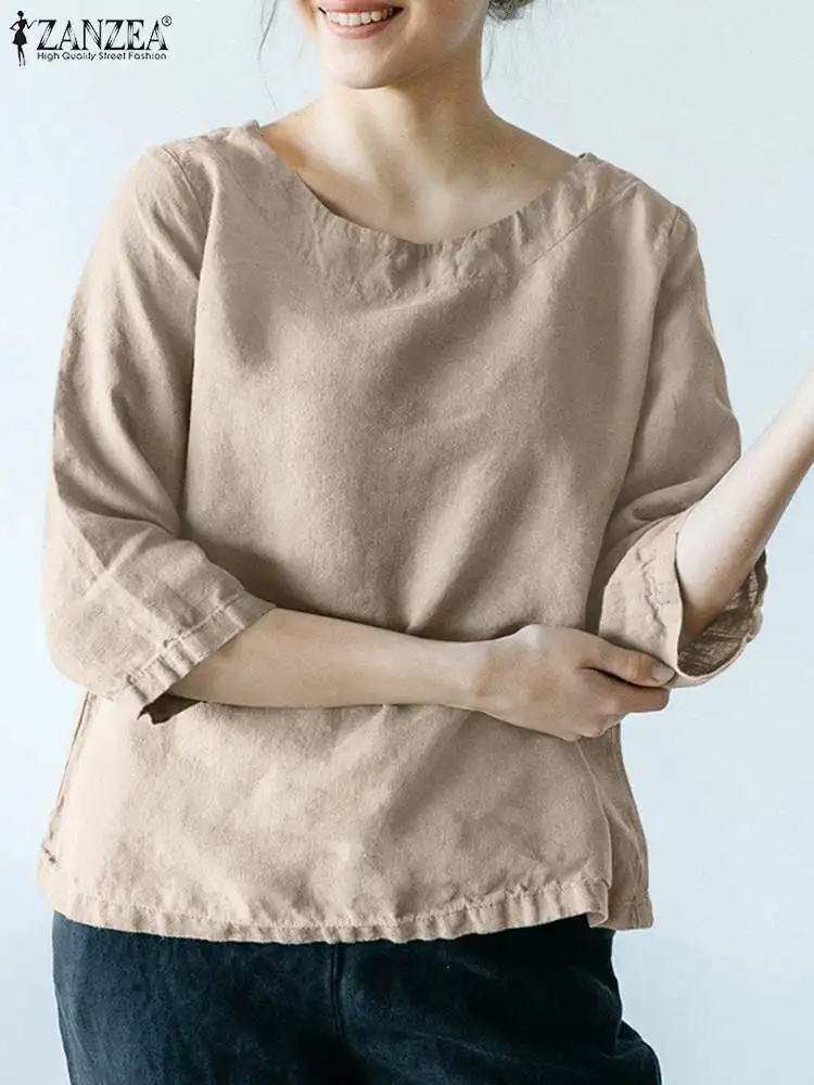

Женские летние блузки большого размера ZANZEA 2022, кафтан, однотонные топы, рубашки с рукавом 3/4, женские блузы с круглым вырезом, Повседневная х...