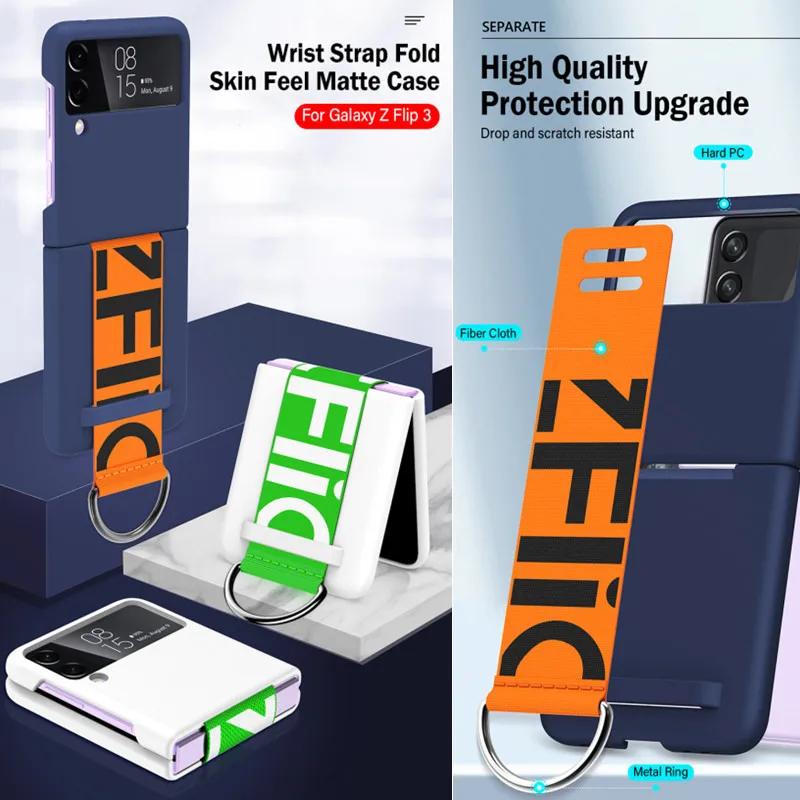 Ультратонкий нейлоновый шарнирный жесткий чехол из поликарбоната с ремешком на руку для Samsung Galaxy Z Flip 4 5G Shockprood, защитная задняя крышка для Z Flip 3