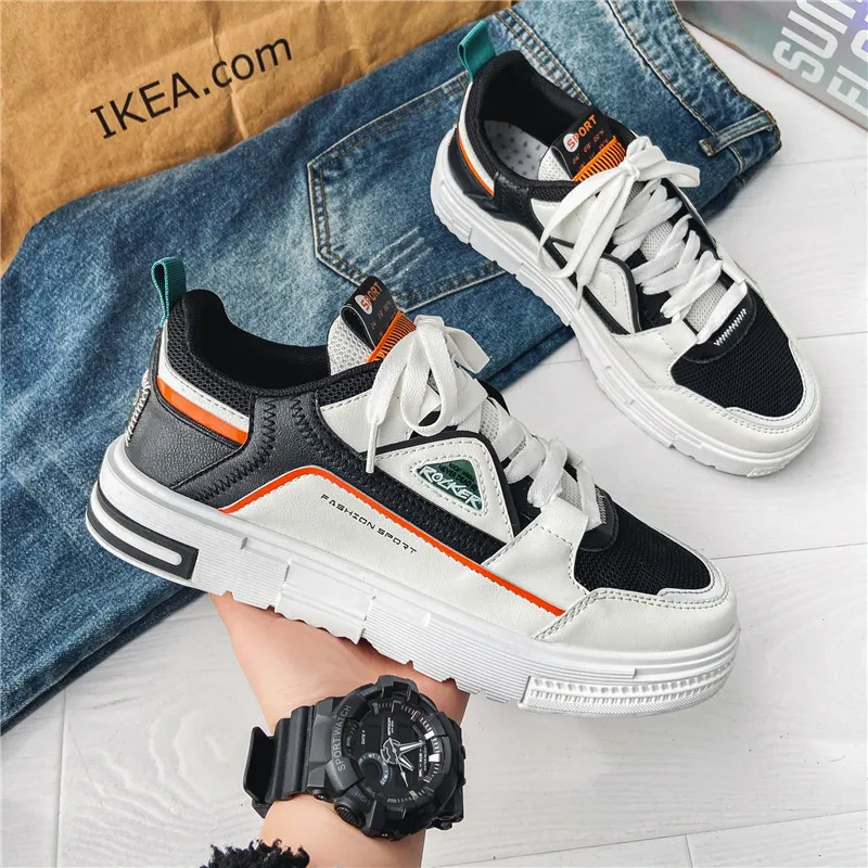 

Fashion Stripe Mixed Colors men Sneakers Round Toe Lace-up Casual Height Increasing Students Running Vulcanize Platform Shoes