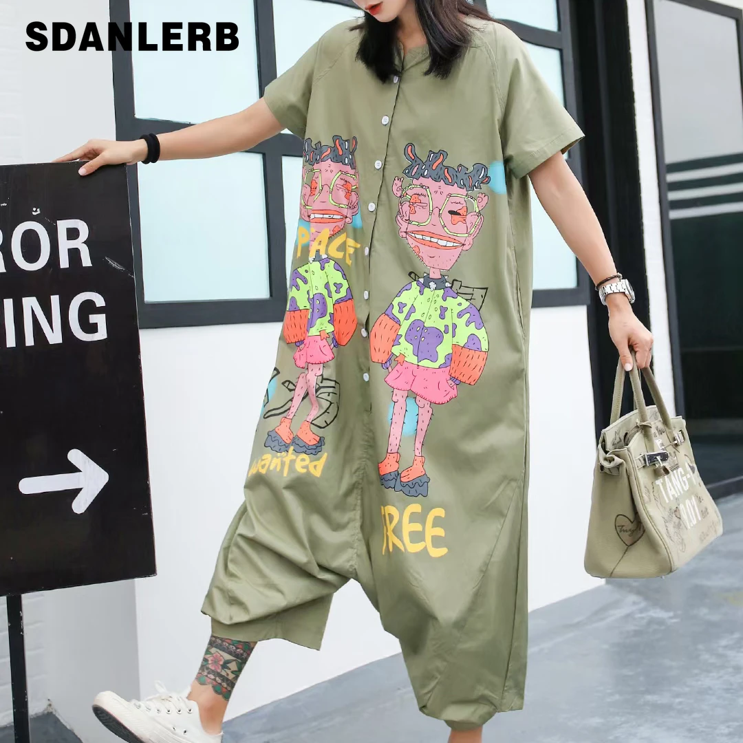 

European Station Tide 2022 Summer Bodysuit New Short Sleeve Graffiti One Piece Jumpsuit Hanging-Backed Loose Harem Jump Suit