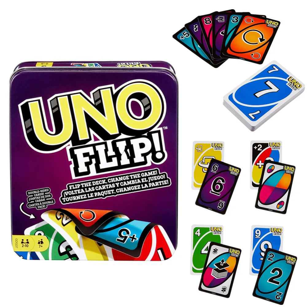 Mattel Games Подлинная Uno-Flip покерная игра карточная игра железная коробка семейная забавная многопользовательская игра забавные покерные детск...