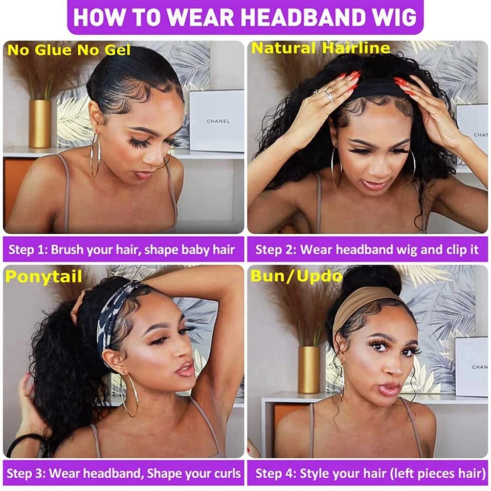 Malaysia Hair Water Wave Headband Wig Human Hair Kinky Curly Scarf Wigs For Women Body Wave Headband Wig Deep Curly Short Wigs enlarge