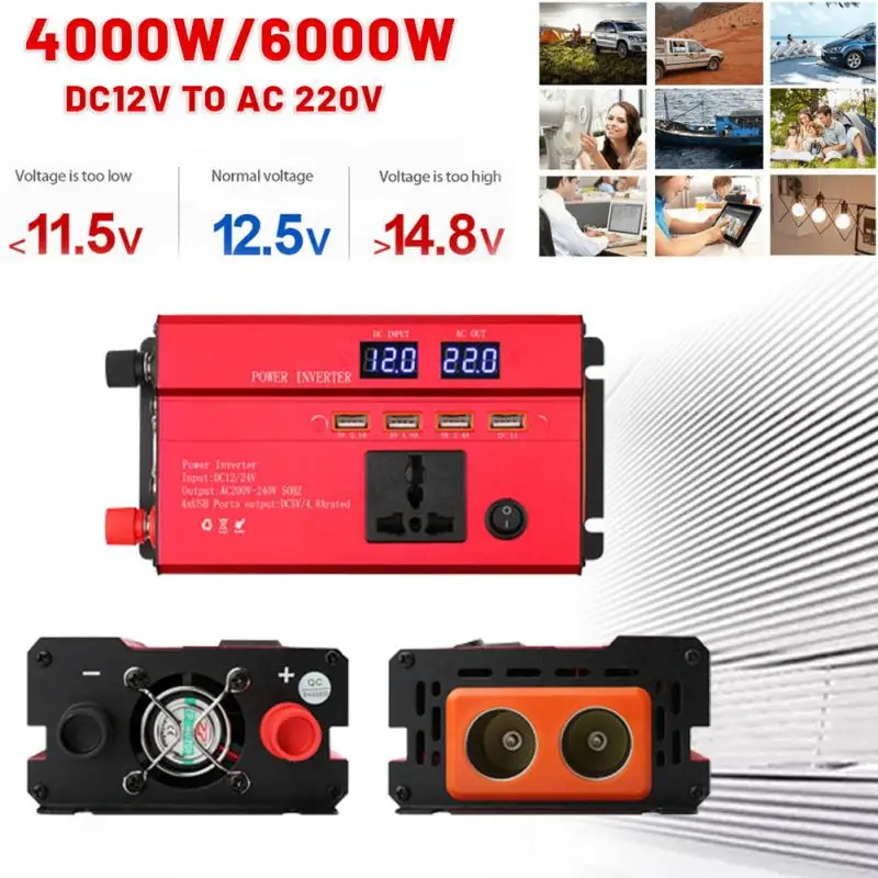

Преобразователь мощности 6000 Вт, 12 В постоянного тока в трансформатор переменного тока 220 В, с универсальной розеткой USB для зарядки, с автома...
