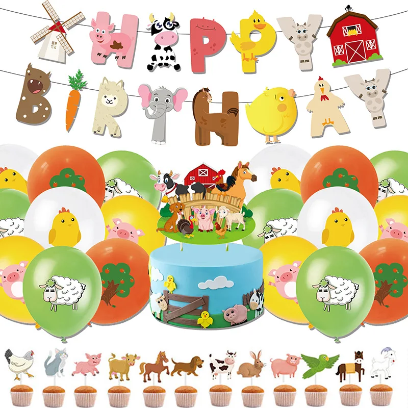 

Farm Animal Farm Jungle Ranch Barn Windmill Birthday Party Pulling Flag Cake Topper Balloon Farmland DIY Decoration