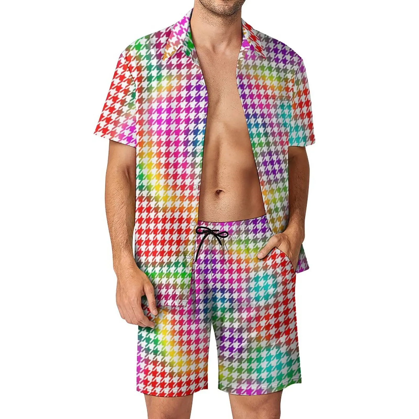 

Houndstooth Psychedelic Beach Men Sets Colorful Print Casual Shirt Set Summer Design Shorts 2 Piece Fashion Suit Plus Size 3XL
