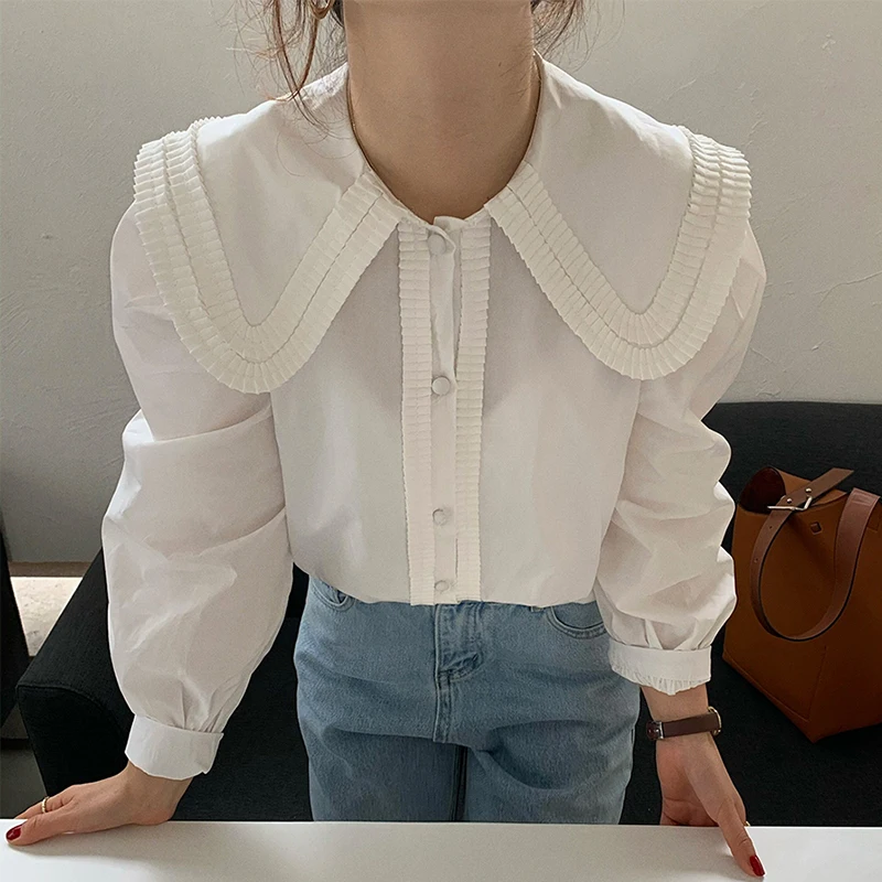 

Blusas Mujer Solid Elegant White Blue Peter Pan Collar Office Ladies Blouse Women Tops Korean Chic Single Breasted Shirts 2023