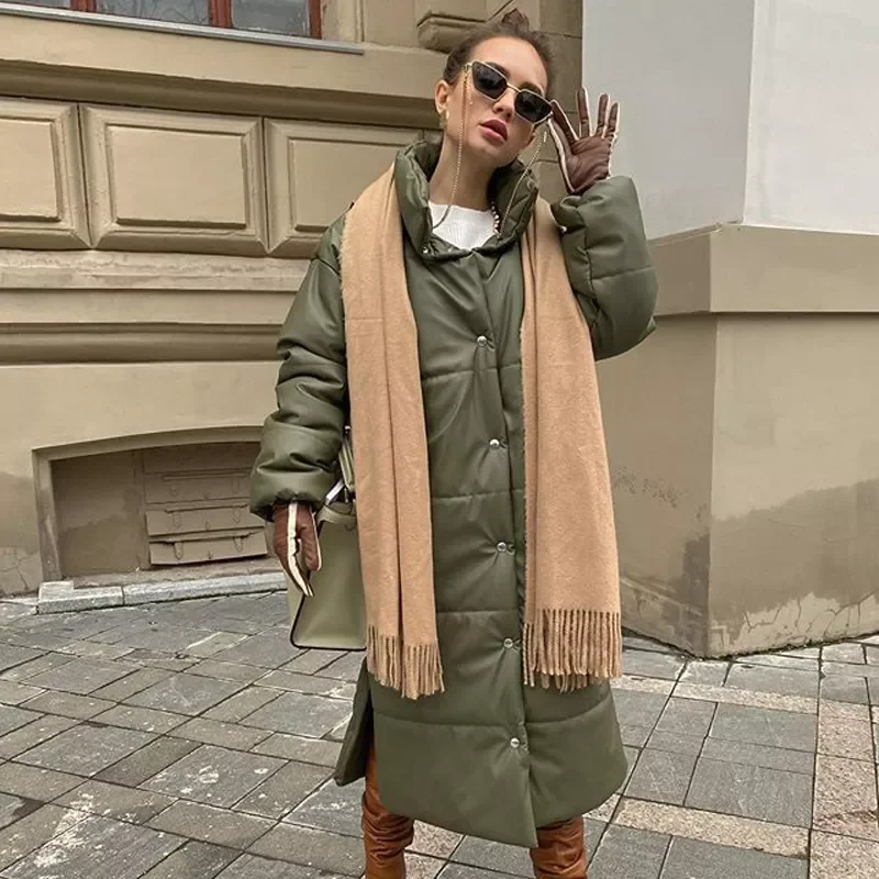 

New2022 Winter Khaki Windproof Parkas Women Fashion Casual PU Leather Coats Women Elegant Long Cotton Jackets Female Ladies HZ