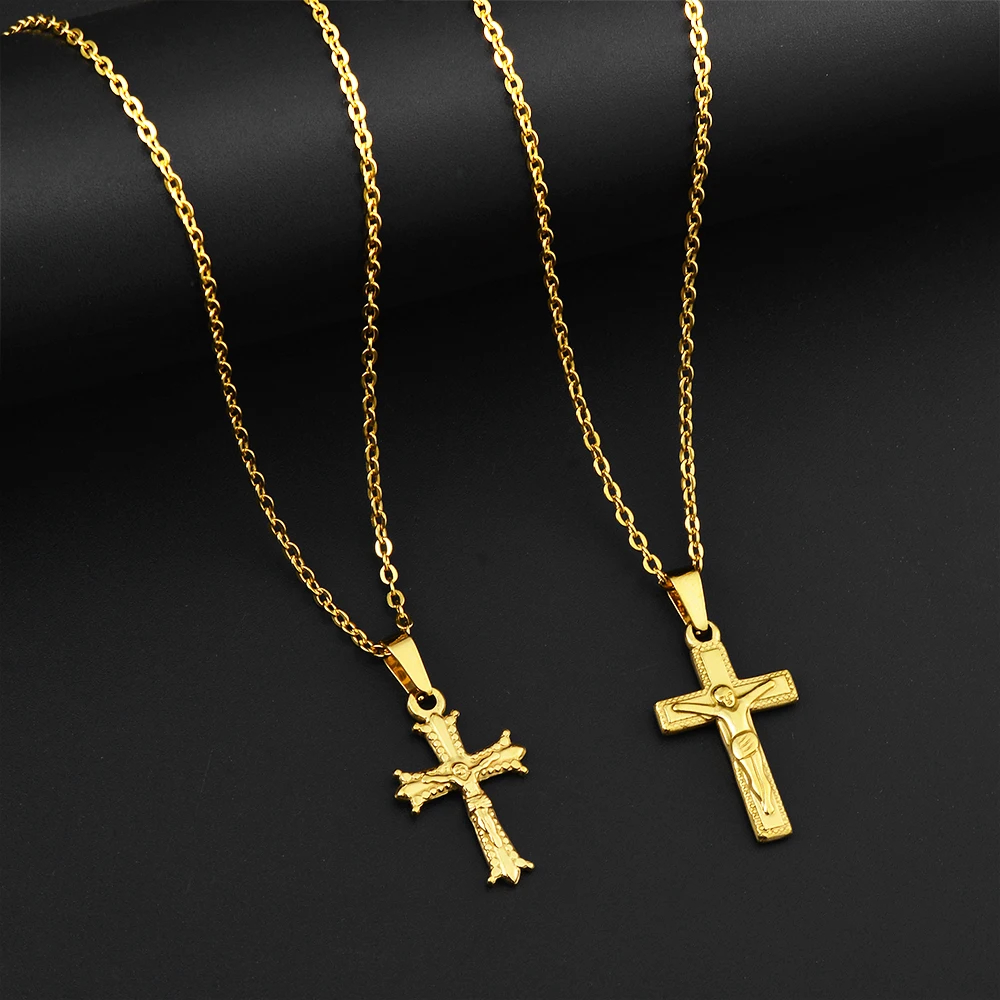 Gold Color Plated Cross Pendant Necklace for Men Women Stainless Steel Chain Simple Jewelry Gift