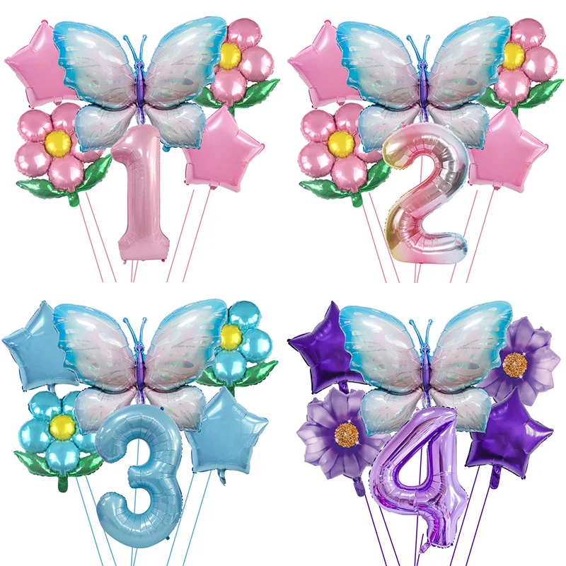 

Blue Pink Butterfly Number Balloon Set Flower Butterfly Theme Happy 1st 2nd 3rd Birthday Party Decor Baloon Babyshower Balon