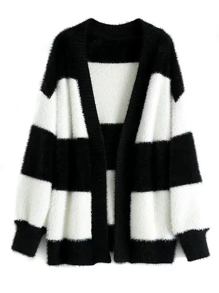 

Woman Sweater Knit Hairy Hit Color Striped Single Breasted Full Sleeve Korea Casual Top 2022 New Autumn Fashion White Cardigan