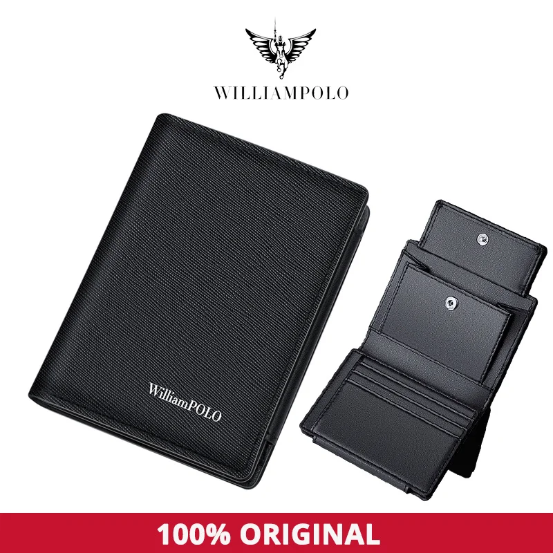 

WILLIAMPOLO Men's Wallet Black First Layer Cowhide Card Holder Leather Business Cards Coin Purse Short Wallets for Man