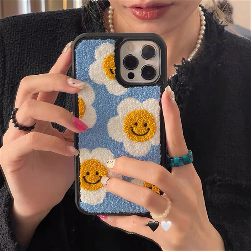 Korean Cute Fuzzy Plush Flower Phone Case For iPhone 14 11 12 13 Pro XS Max X XR 7 8 Plus SE Winter Soft Shockproof Back Cover