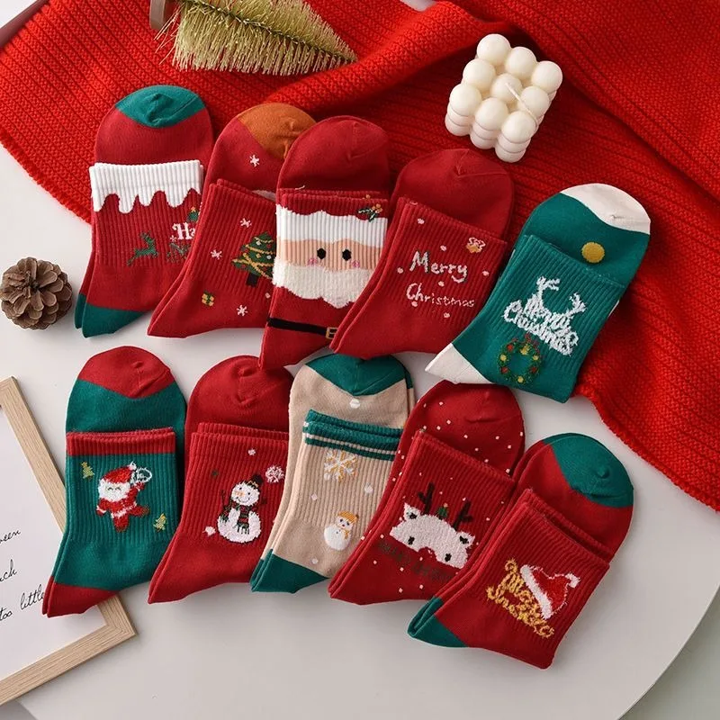 

5 Pcs Christmas Socks Women Mid Length Socks 35-42 Size Cartoon Red Socks Fashion Sports Men Calcetines Couples Christmas Gifts
