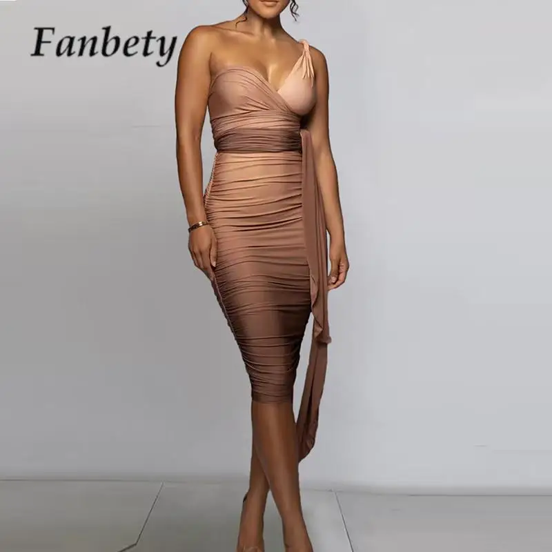 

Sexy Pleated One Shoulder Party Club Dress Fashion Gradient Waist Lace-up Women's Dress Elegant Backless Bodycon Dress Vestdios