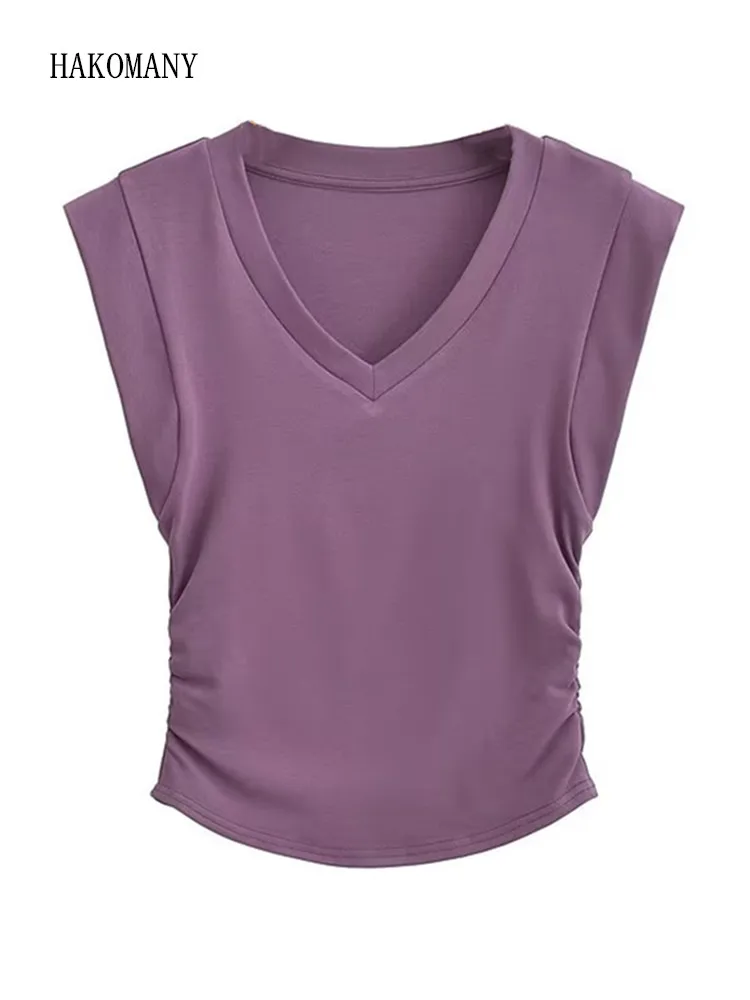 

2023 American Style V neck Short Sleeve Tee Summer Girl Ruched Waist Navel exposure Base T-shirt Pullover Crop Tank