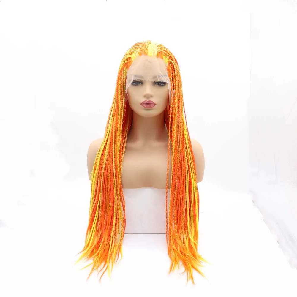 Sylvia Yellow/Pink Mixed Color Long Braid Synthetic Lace Front Wigs For Women Hair Heat Resistant Fiber Braid Wigs
