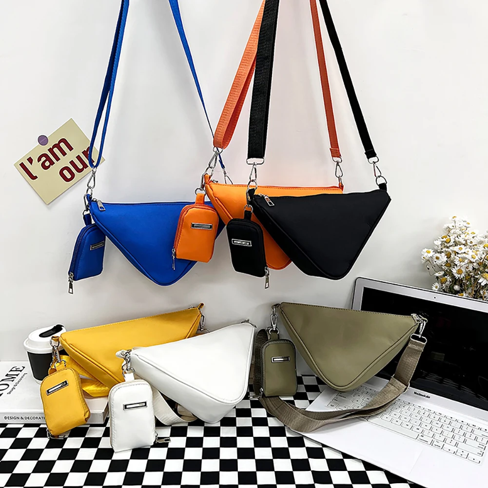 

Nylon Fashion Casual Shoulder Bags Triangle Shaped Crossbody Female Zipper Shopping Messenger Purses Handbags with Small Clutch