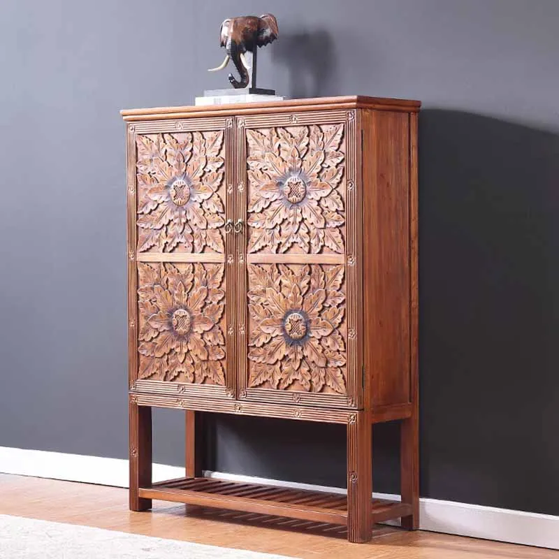 

High quality customized solid wood carved shoe cabinet storage cabinet one Southeast Asian style living room partition porch