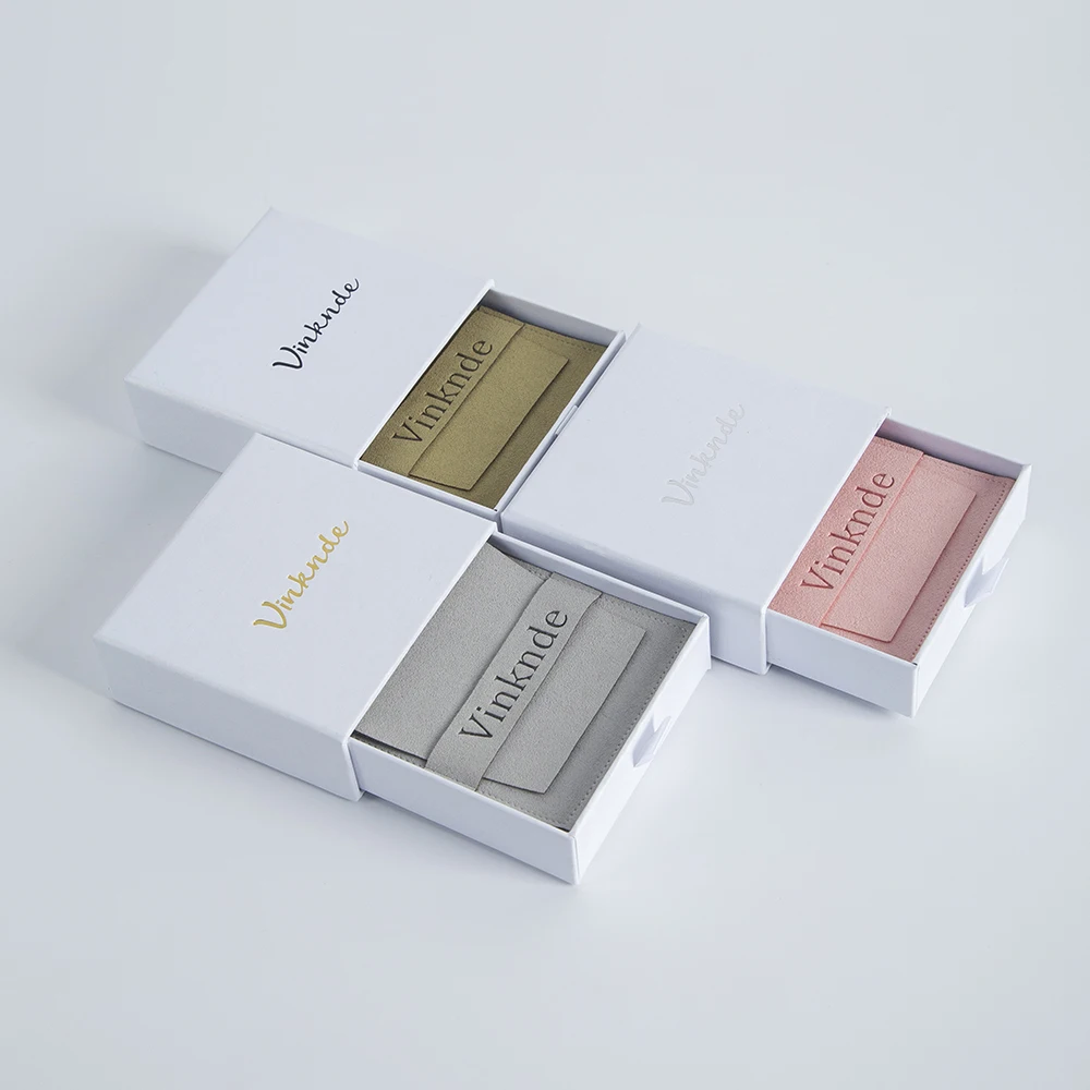 Luxury 7x7x1.7cm White Drawer Jewelry Boxes Custom Logo Microfiber Suede Gift Bags Earrings Ring Necklace Packaging Case Pouches