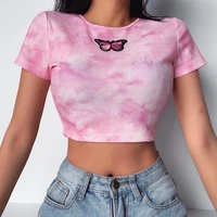 new summer sexy tie dyed crop top button women short sleeve o neck embroidery letter casual t shirt y2k ins slim tees tanks pink