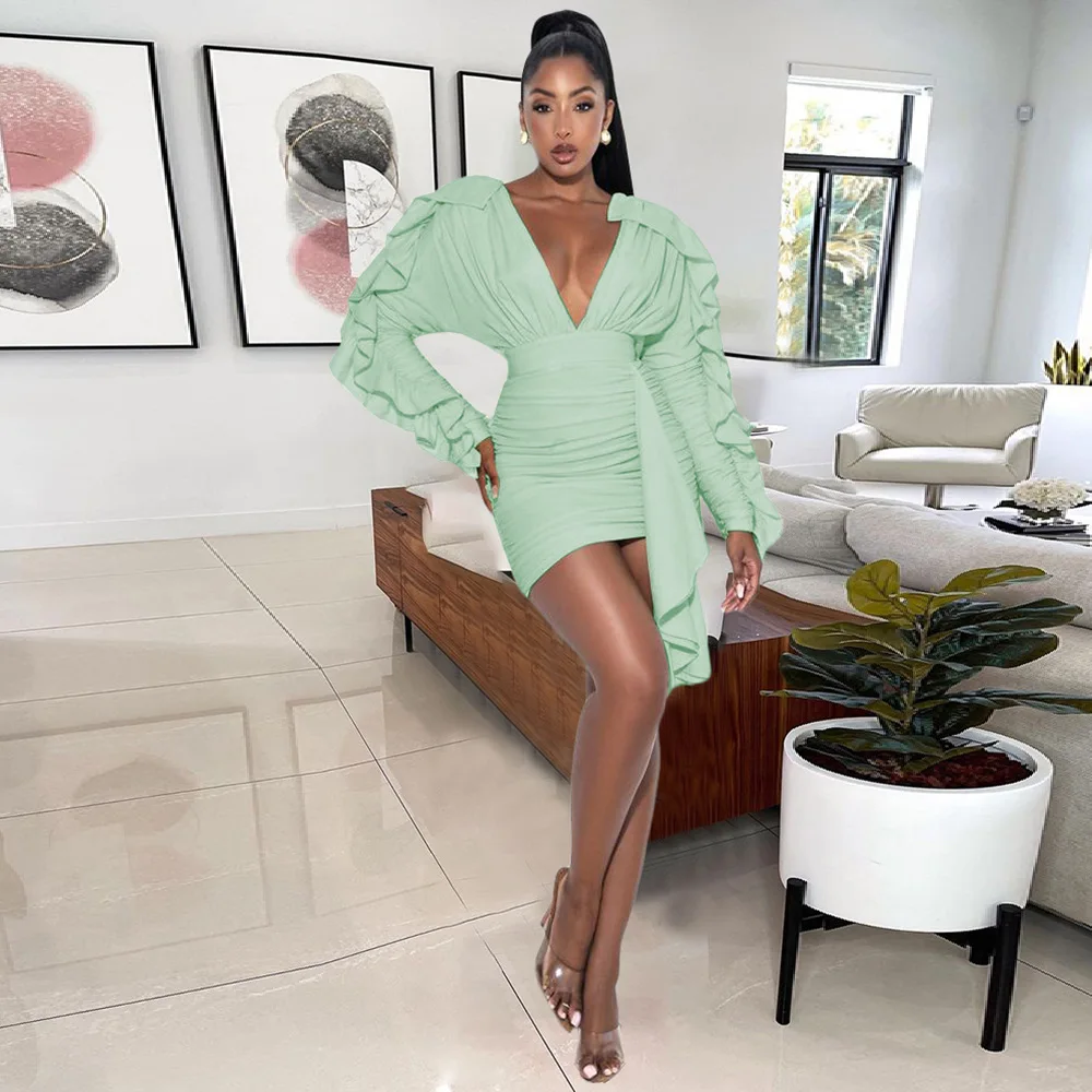 

Fashion Sexy Ruffles Sleeve Deep V Neck Light Green Mini Skirt Drawstring Backless Evening Party Night Dresses Vestidos De Noche