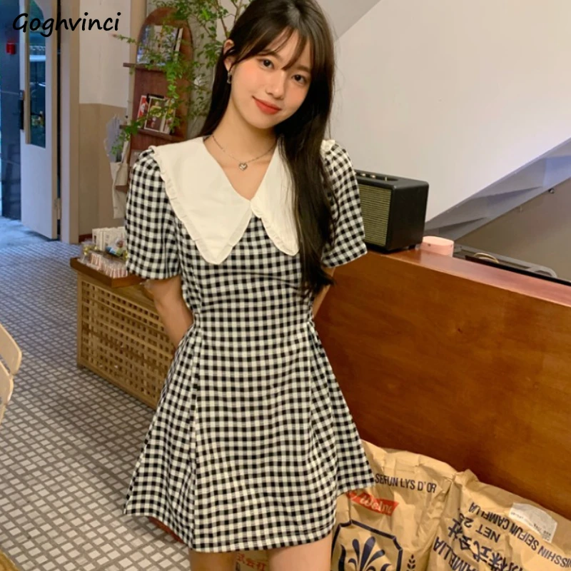 

Short Sleeve Dress Women Fashion Plaid Preppy Style Ulzzang Patchwork Simple Elegant Cozy New Design Female Young Lady Summer
