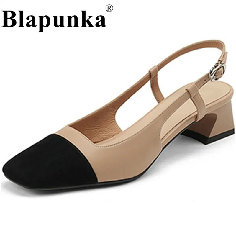 

Blapunka Top Quality Sheepskin Slingback Pumps Women Kid Suede Square Toe Block Heels Buckle Shoe Luxury Brand Sandals Ladies 43