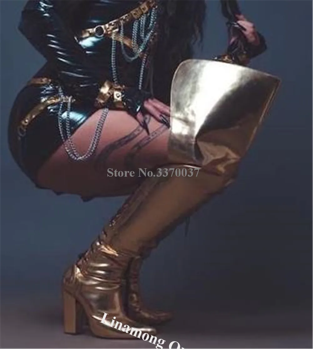 Linamong Women Fashion Gold Patent Leather Loose Over Knee Chunky Heel Boots Pointed Toe Back Open Cut-out Thick Heel Long Boots