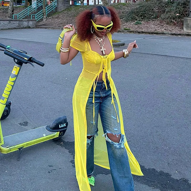 

Gtpdpllt женская рубашка с коротким рукавом с завязкой спереди длинный кардиган Топ Y2k летние желтые сетчатые прозрачные сексуальные рубашки и ...