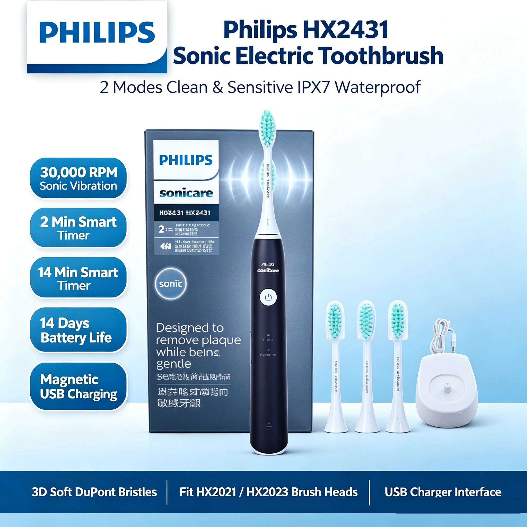 Фото Зубная щетка Sonic Philips HX2431, 2 режима чистки, моющаяся, с индукционной магнитной зарядкой, мягкая щетина, бережная для чувствительных зубов