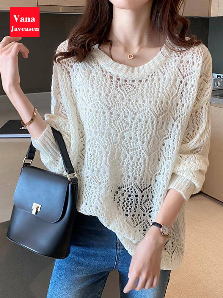 

Тонкий женский вязаный пуловер, винтажный свободный джемпер с длинным рукавом, женская футболка, летняя одежда для женщин