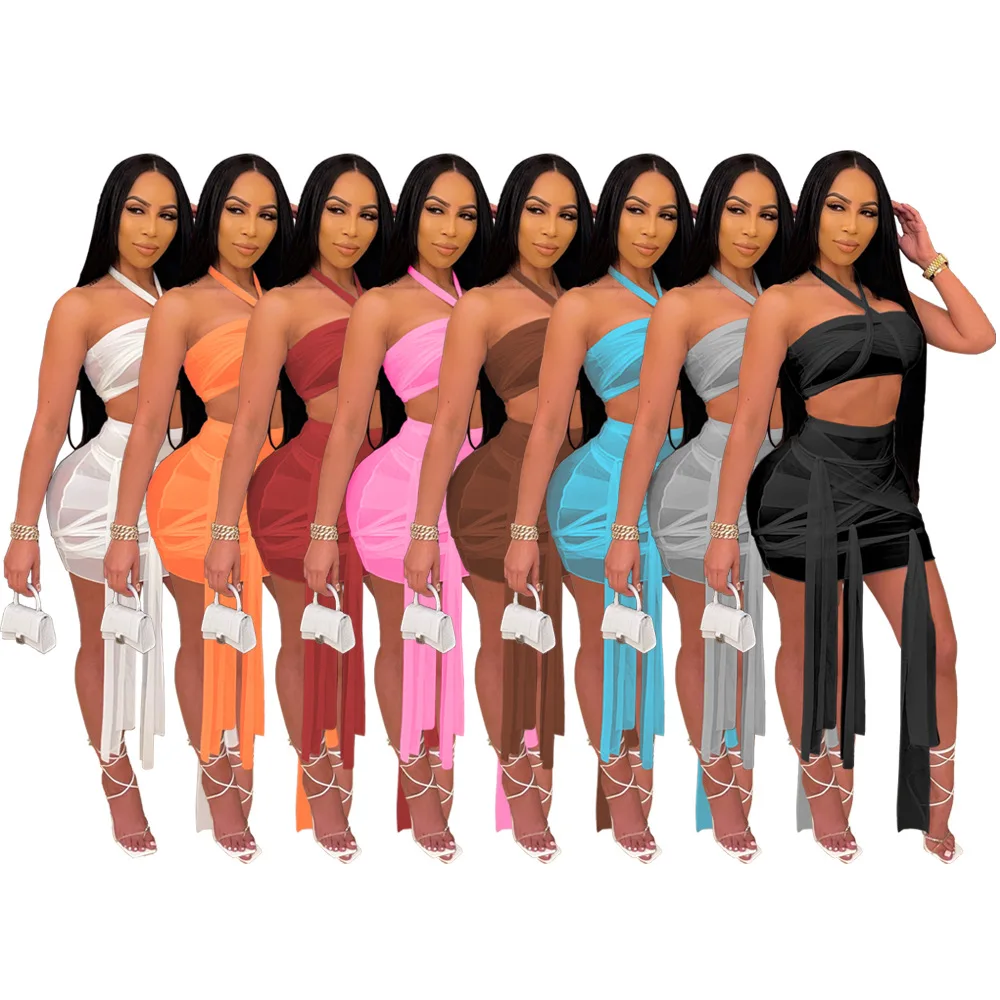 

Women Mesh Lace Up Bandage Crop 2 Piece Sets Womens Outfits Sexy Tube Top Mini Skirt Club Outfits For Women 2022 Nightclub