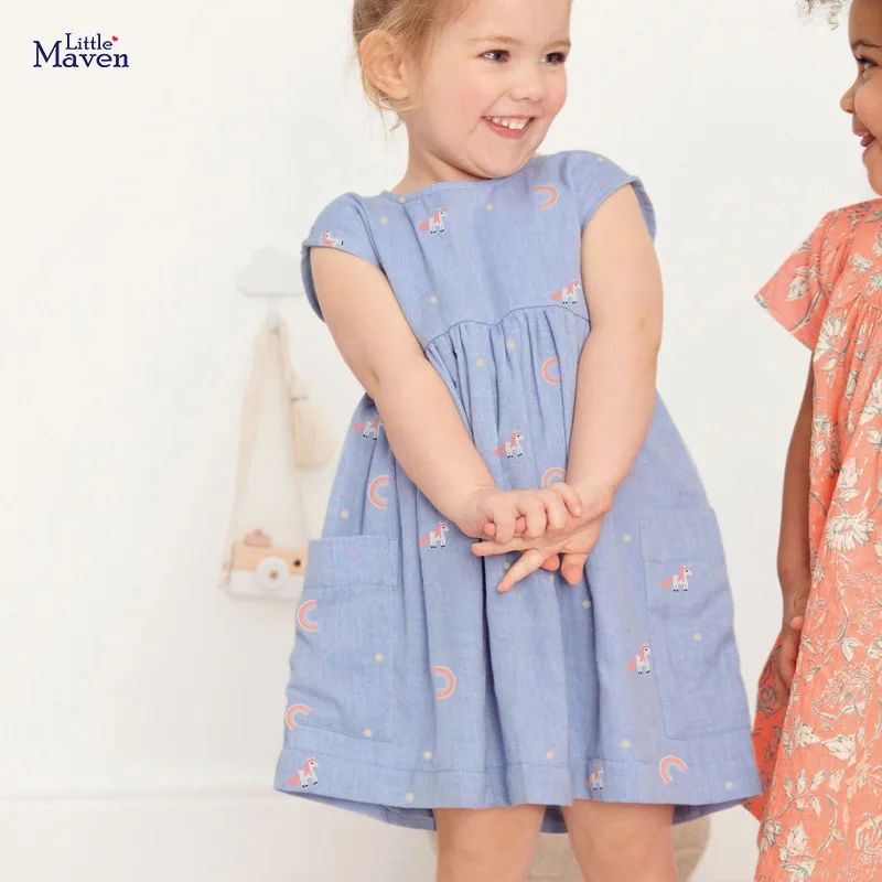

Little maven 2022 Baby Girls Summer Dress Blue Lovely Rainbow Unicorn Children Casual Clothes Cotton for Kids 2-7 year