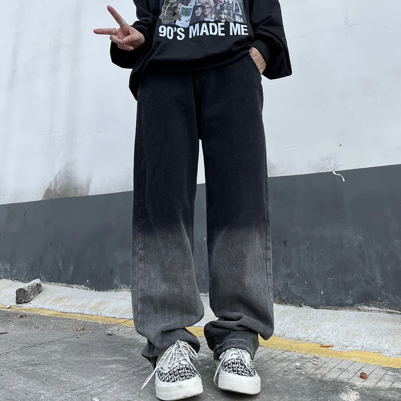 Men Clothing New Pattern Recreational Vintage Broad Leg Black Grey Jeans Straight Cylinder Large Loose Cargo Pants Autumn Female