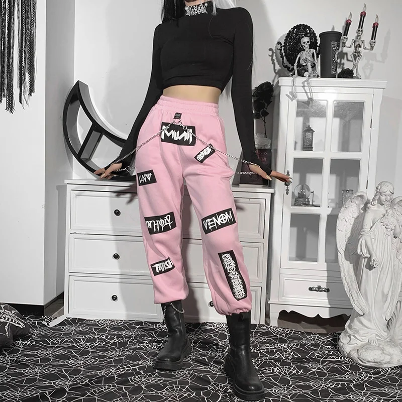 

2022 New Fashion Women's Gothic Letter Printing Pants Casual Pants Dark Black Fashion Girls Pink Sweatpants Casual Pants