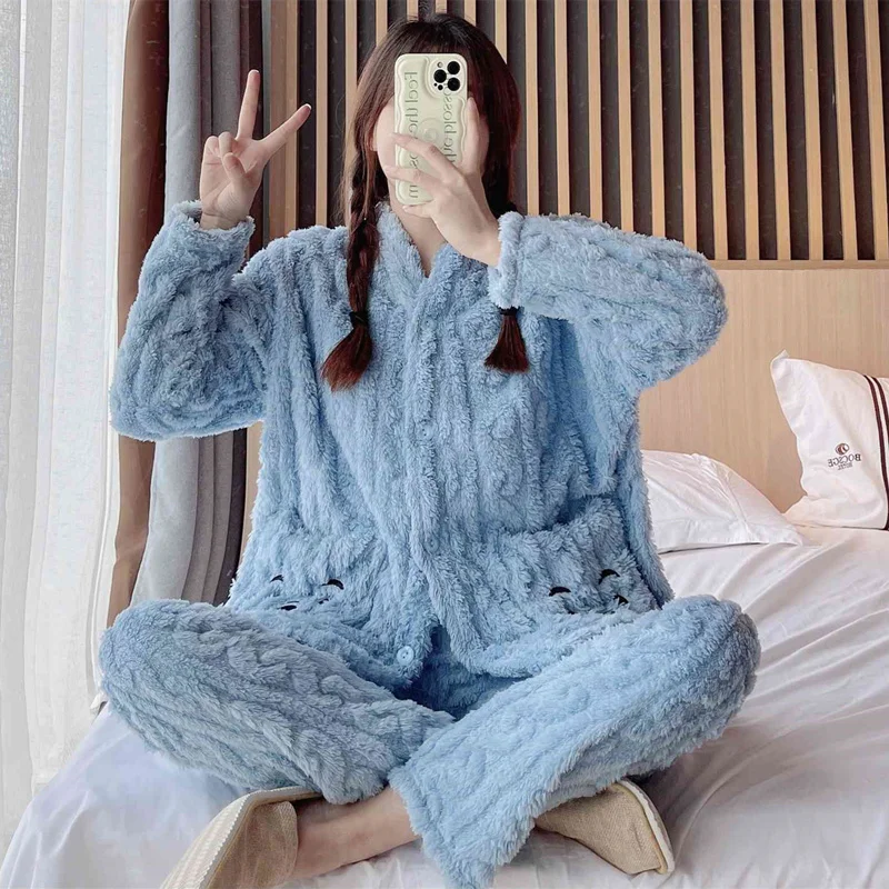 

Autumn and Winter Coral Fleece Pajamas Women's Warm Thickening Fleece Sleppwear Cut Flowers New Suits Homewear Clothes Plush