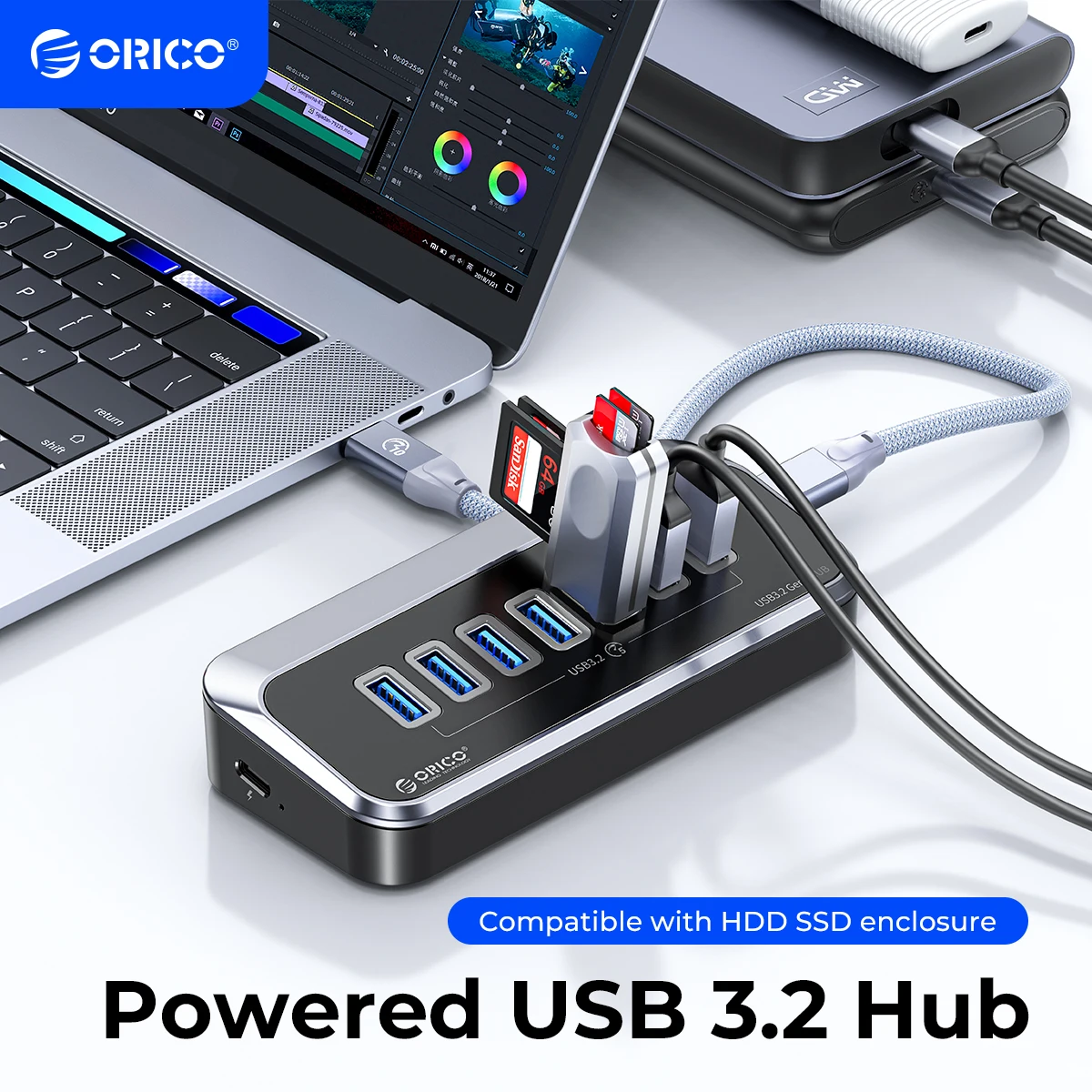 ORICO Разветвитель для чтения карт USB3.2C hub с питанием от ABS 5 Гбит / с, подходит для аксессуаров для настольных ПК