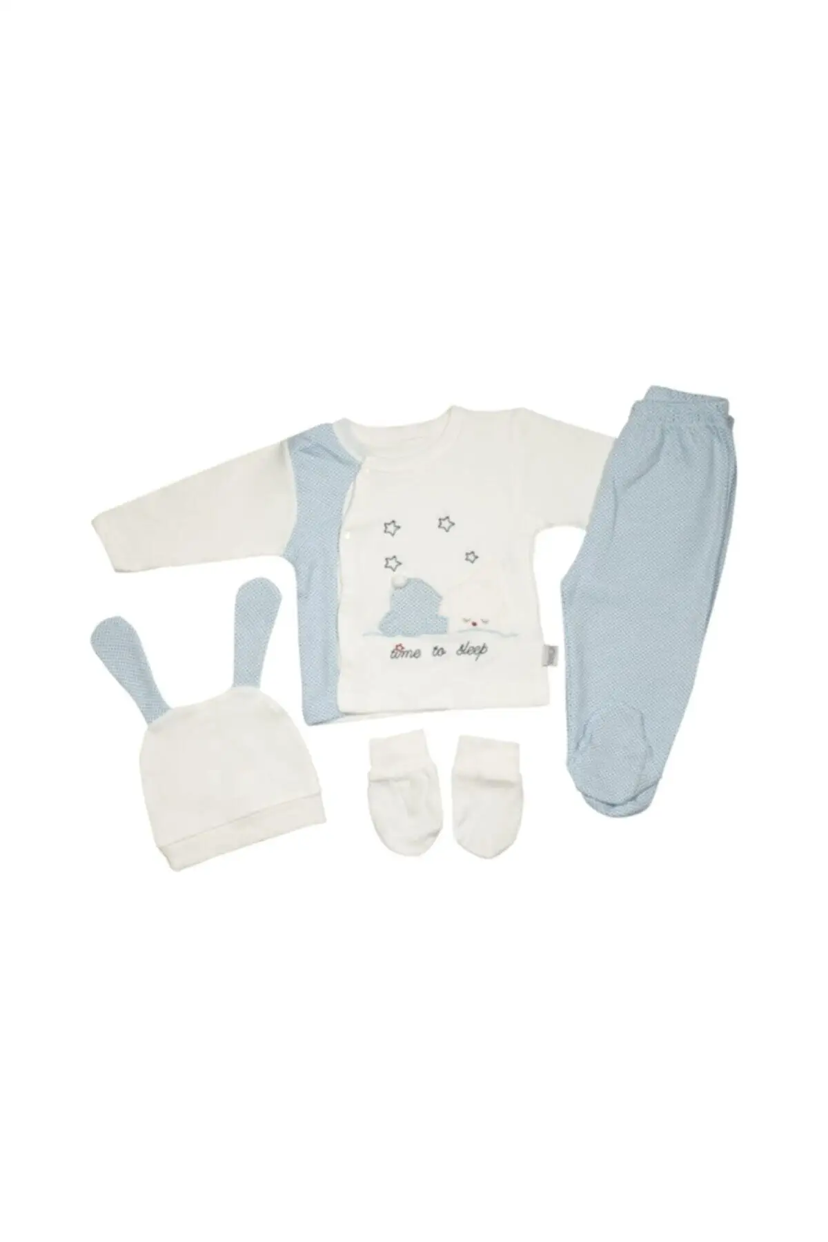 Baby Male Baby 5 Parça 0-3 Month Hospital Out Set 100223 Printed Cotton 5'li Mavi Outs Apparel