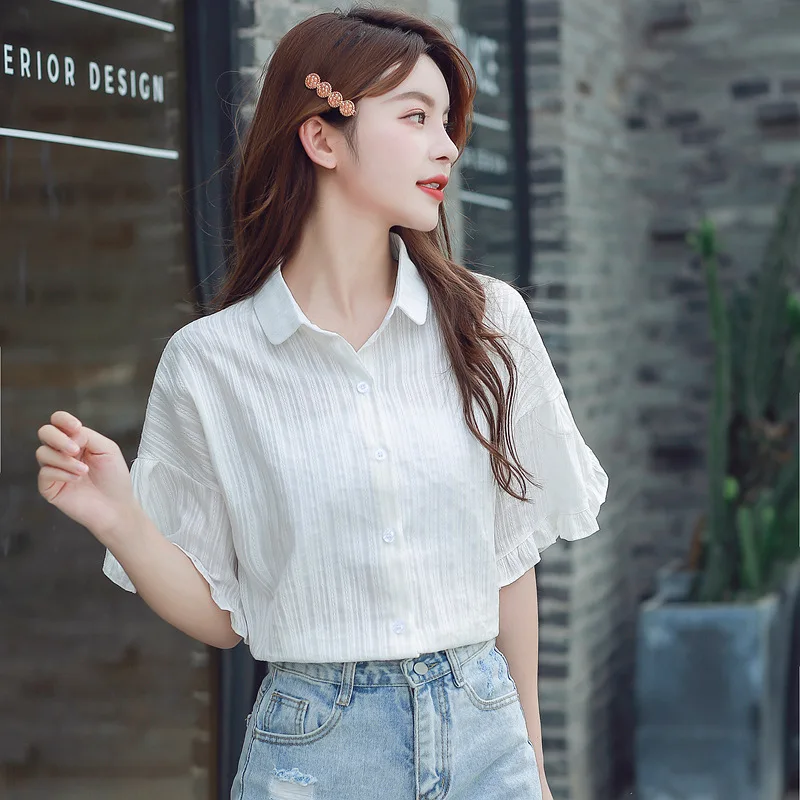 

Chiffon Loose Women's Blouses New Casual Blouse Fashion Short Sleeve Top Buttons Solid Polo Shirt Summer